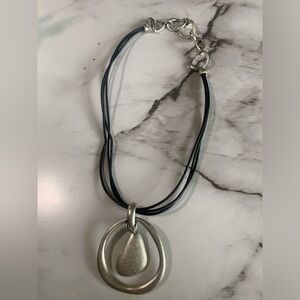 Leather Cord Necklace with Large Silver-Colored Pendant